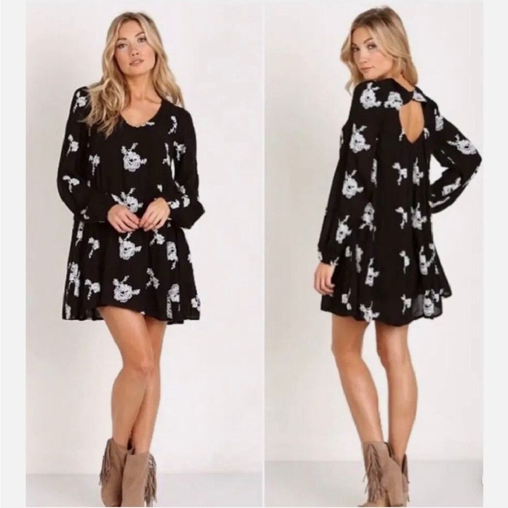 Free People Emma Bohemian Long Sleeve Tunic Dress in Black Combo
